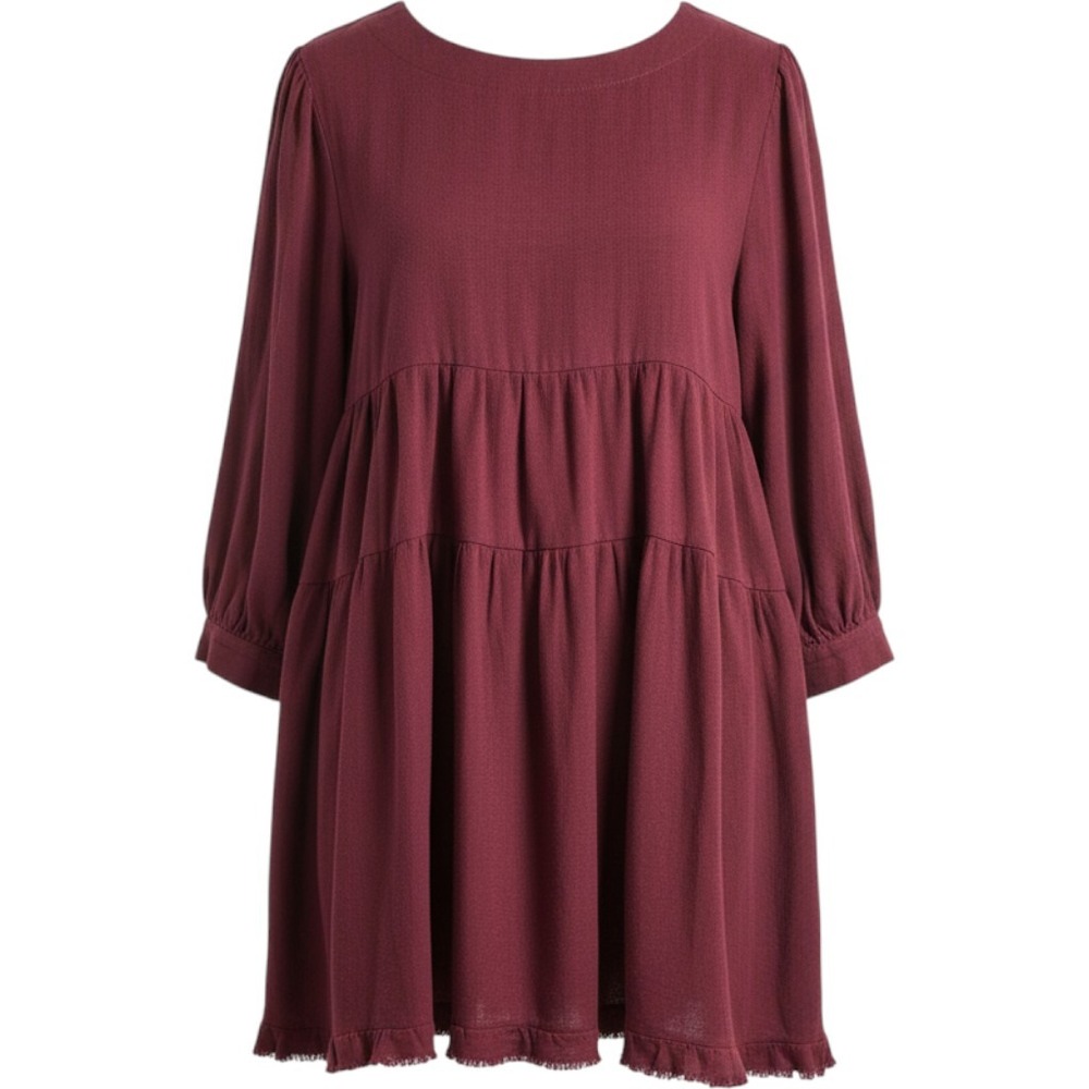 Umgee USA Burgundy Linen Cotton Tiered Babydoll Mini Dress C2081 Small